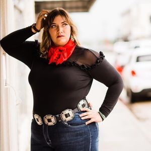 Black ruffle sheer top plus size bodysuit